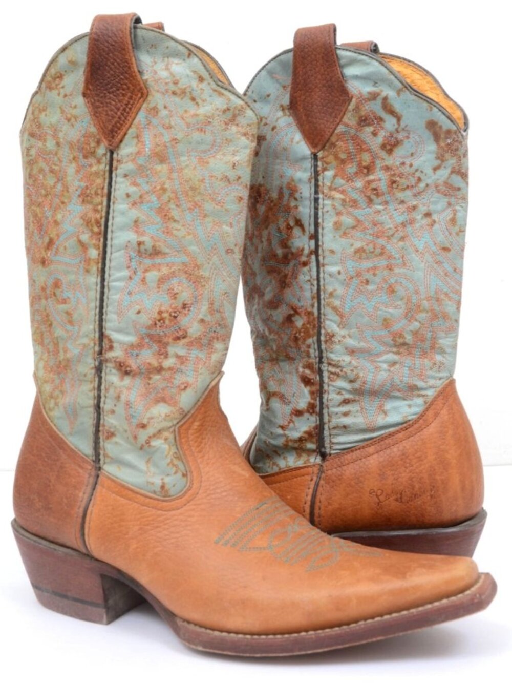 El Canelo Women's 7.5 Leather Western Cowboy Boots Tan Blue Southwestern Mexico